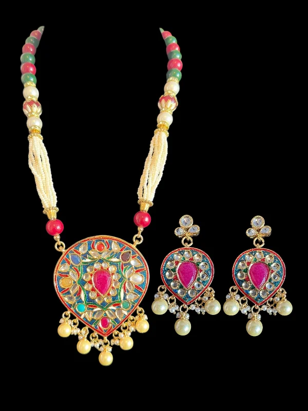 sterling silver earrings for women-PS541 Arpita navratan kundan mala set with earrings ( READY TO SHIP )t