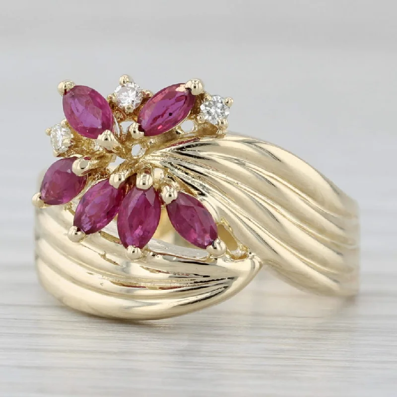 oval engagement rings for women-0.65ctw Ruby Diamond Flower Bypass Ring 14k Yellow Gold Size 6.5