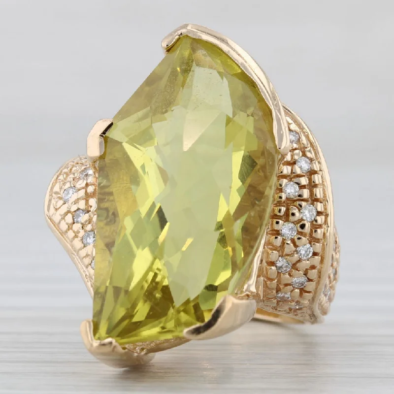 engagement rings with a twist design for women-Lemon Quartz Leaf Diamond Cocktail Bypass Ring 14k Yellow Gold Size 5