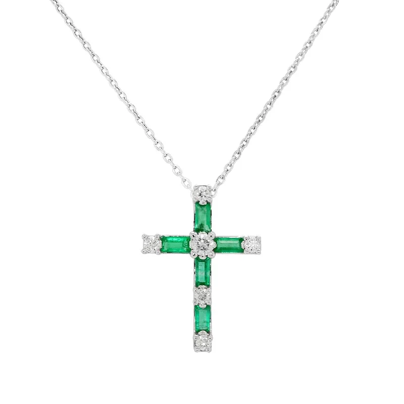 pendant necklaces for women-WHITE GOLD CROSS PENDANT WITH BAGUETTE EMERALDS AND ROUND DIAMONDS, .15 CT TW