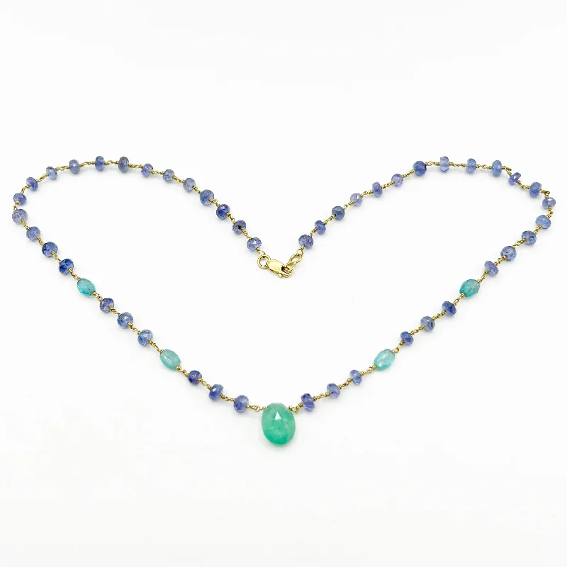 charm necklaces for women-Jellybean Tanzanite and Emeralds Floating on Golden Wire