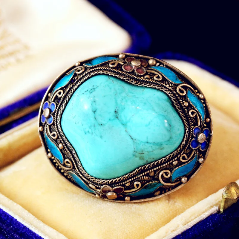 vintage pin brooches for women-Chinese Export Natural Turquoise & Enamel Brooch