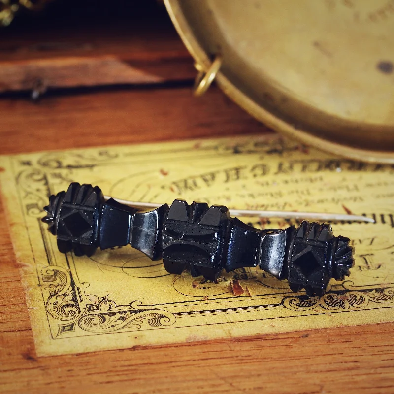 glamorous brooches for women-Hand Carved Victorian Whitby Jet Bar Brooch