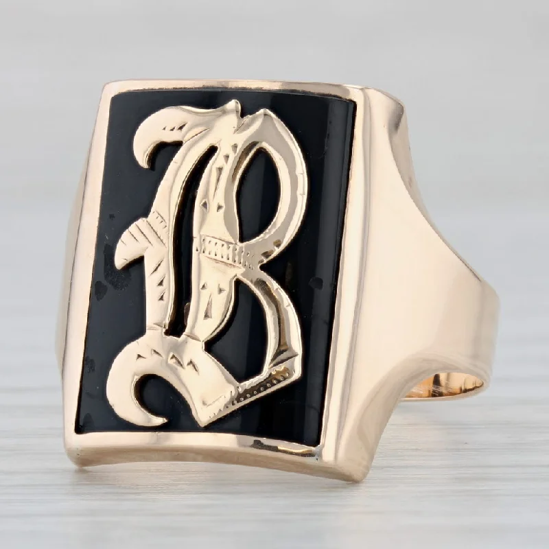 luxury diamond engagement rings for women-Antique Onyx Old English Initial "B" Signet Ring 10k Yellow Gold Size 12