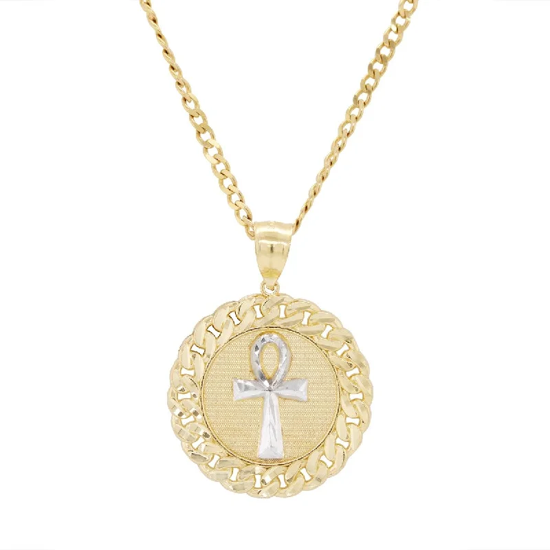 initial necklaces for women-TWO-TONE GOLD DISC ANKH CROSS CHARM PENDANT