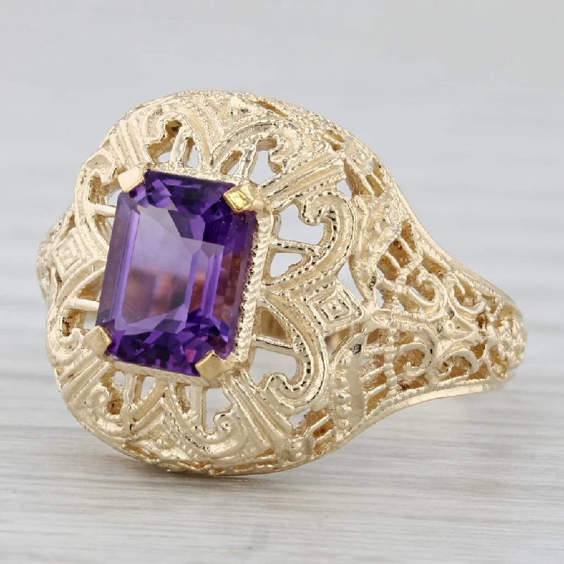 three-stone engagement rings for women-1.30ct Amethyst Solitaire Filigree Ring 10k Yellow Gold Size 8.25