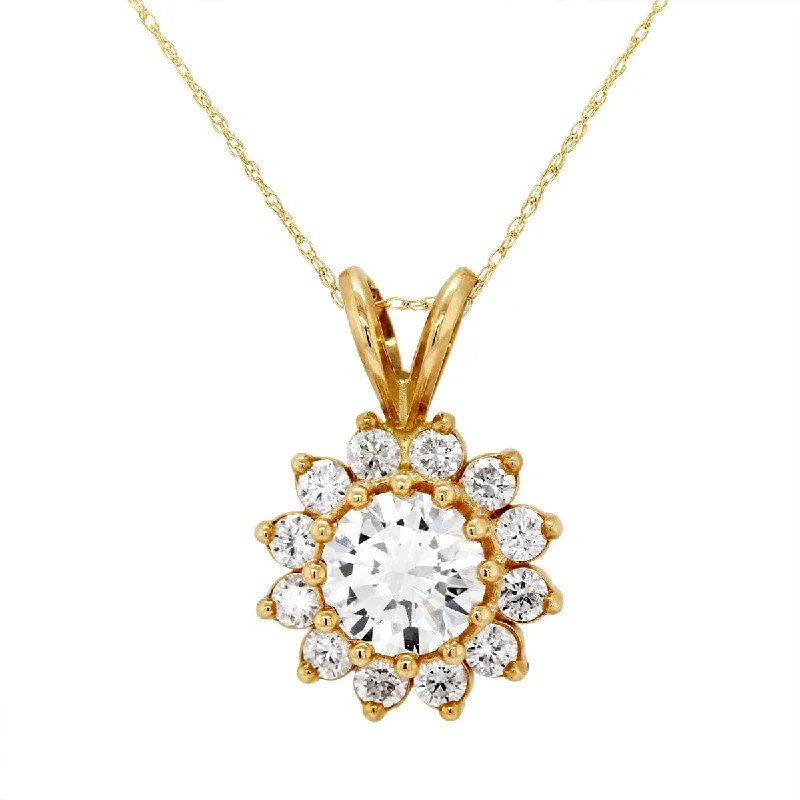 long chain necklaces for women-YELLOW GOLD DIAMOND PENDANT WITH HALO, 1 1/2 CT TW