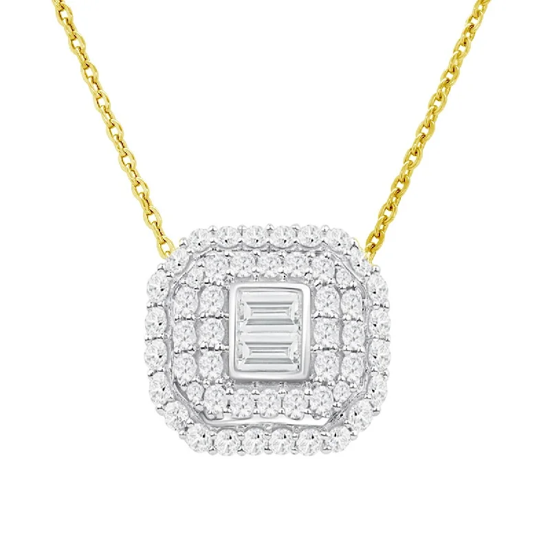 contemporary necklaces for women-YELLOW GOLD FASHION PENDANT WITH BAGUETTE AND ROUND DIAMONDS, 1.42 CT TW