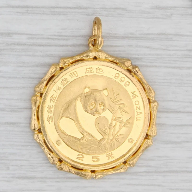 modern diamond engagement rings for women-Authentic 1988 Chinese Panda Coin Pendant 1/4 oz 25 Yuan 999 Fine Gold 21k Bezel