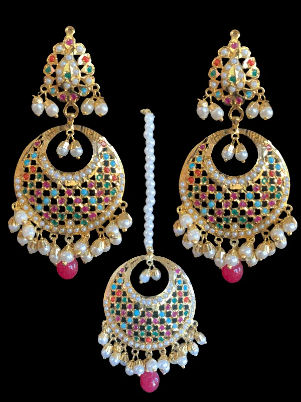 fun earrings for women-sitara navratan jadau earrings tika  set ( READY TO SHIP)