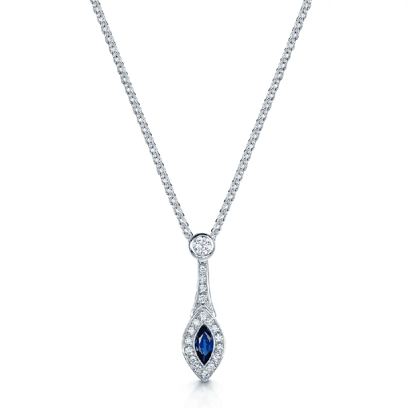 handmade necklaces for women-18ct White Gold Marquise Cut Sapphire & Round Brilliant Cut Diamond Cluster Pendant