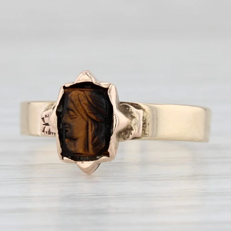 engagement rings with a twist design for women-Antique Carved Tiger's Eye Cameo Ring 14k Yellow Gold Size 3.75-4 Small Signet