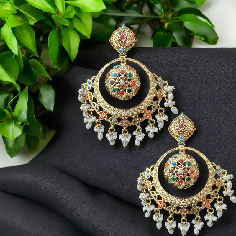 rose gold stud earrings for women-92.5 silver gold plated earrings in navratan with fresh water pearls (READY TO SHIP )