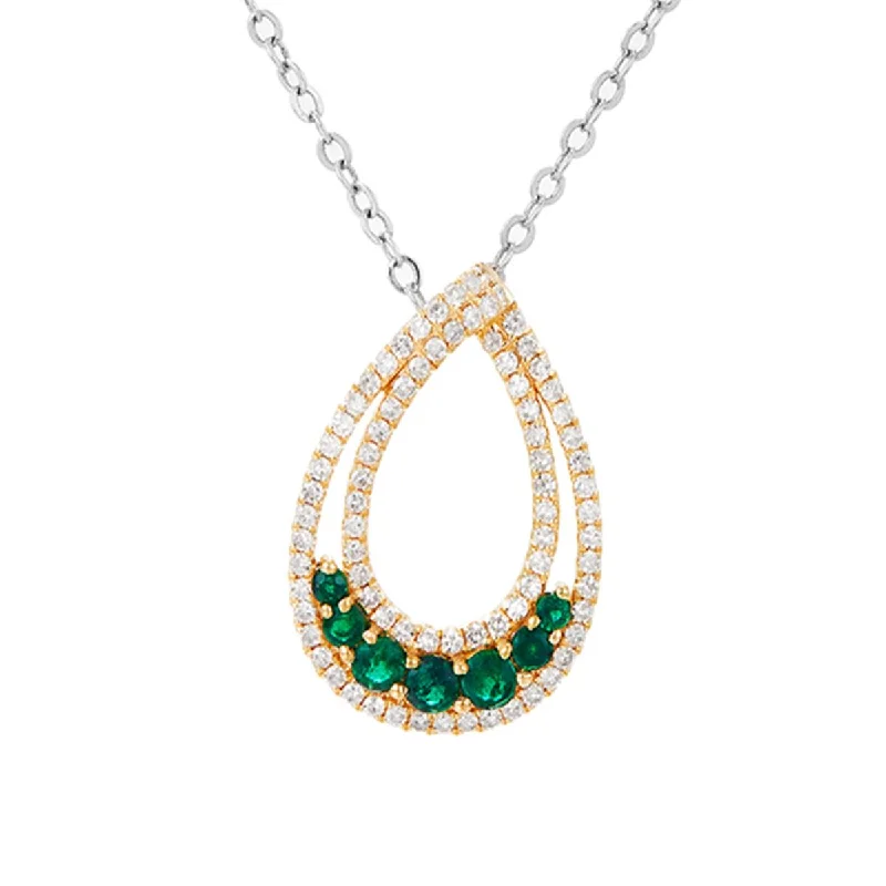 engraved necklaces for women-YELLOW GOLD TEAR DROP SHAPED PENDANT WITH EMERALDS AND DIAMONDS, .48 CT TW