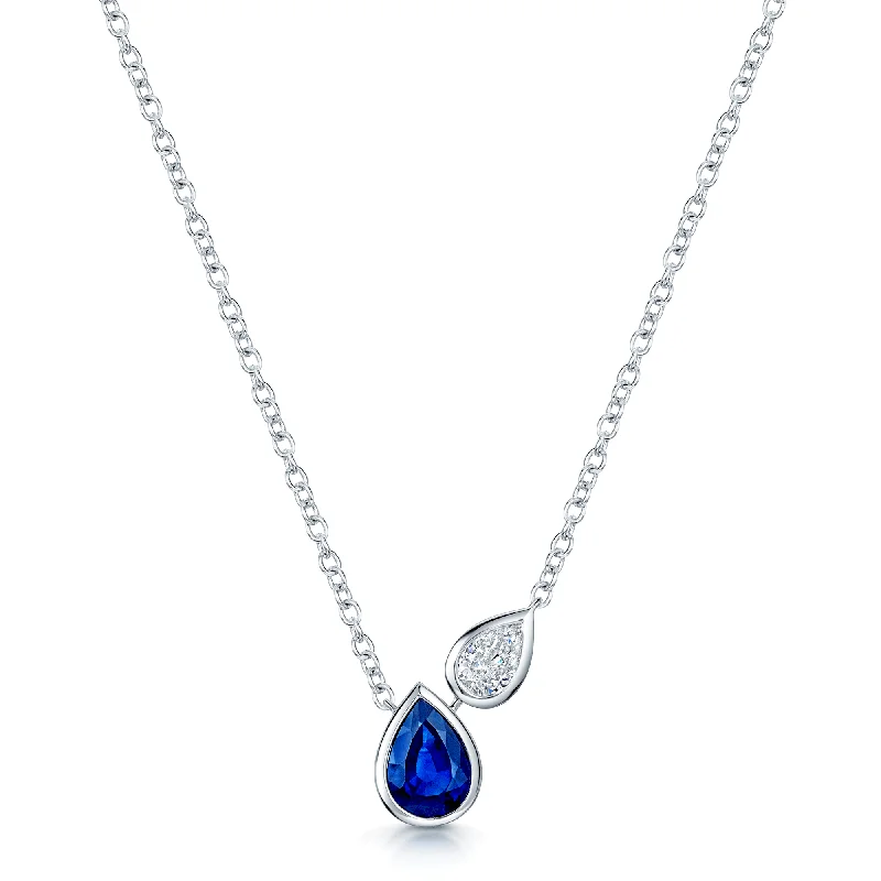 diamond pendant necklaces for women-18ct White Gold Pear Cut Sapphire And Diamond Rub Over Set Pendant