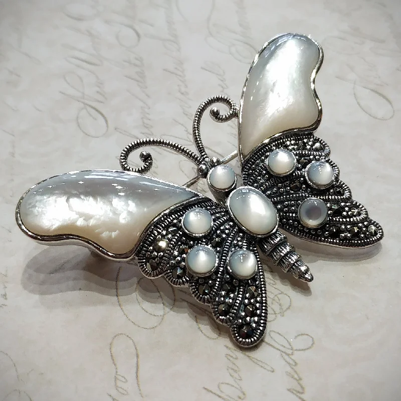 minimalist brooches for women-Butterfly Brooch in mother of pearl Silver Marcasite Pendant