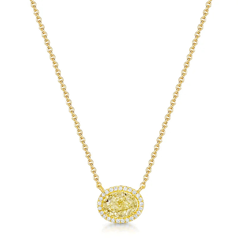 minimalist necklaces for women-18ct Yellow Gold Oval Cut Yellow Diamond Halo Pendant