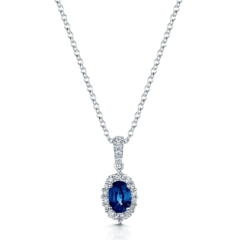 animal-shaped necklaces for women-18ct White Gold Oval Sapphire And Diamond Halo Pendant With Diamond Bale