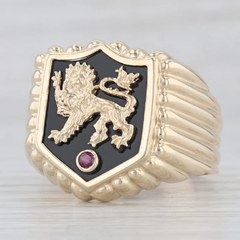 sapphire engagement rings with diamonds for women-Flli Menegatti Lion Signet Coat of Arms Crest Ring Onyx Ruby 10k Gold Size 13.5