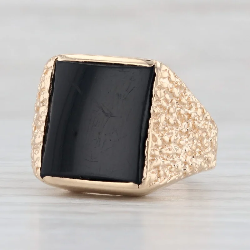 black diamond engagement rings for women-Onyx Rectangle Cabochon Solitaire Ring 14k Yellow Gold Nugget Band Size 6.5