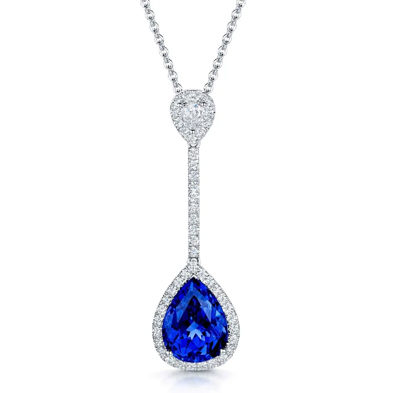 classic pearl necklaces for women-18ct White Gold Pear Shaped Tanzanite Diamond Drop Bar Pendant