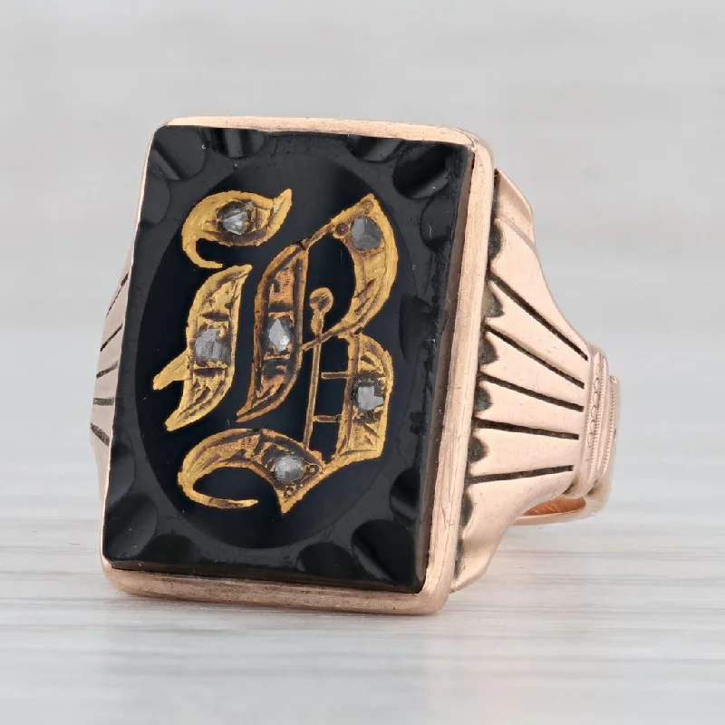 bridal engagement rings for women-Victorian Old English "B" Onyx Signet Ring 10k Rose Gold Size 9.25-9.5