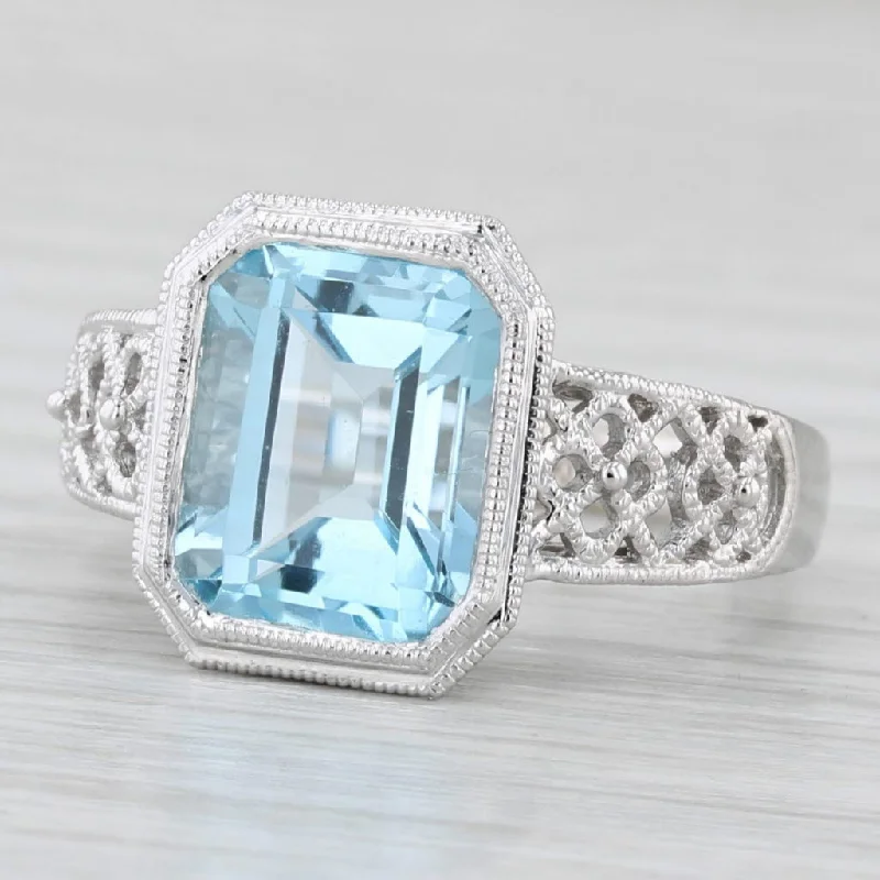 stackable engagement rings for women-6.45ct Blue Topaz Solitaire Filigree Ring 14k White Gold Size 7