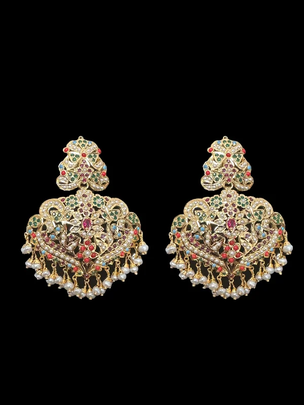 diamond earrings for women-92.5 silver gold plated earrings in navratan with fresh water pearls (READY TO SHIP )