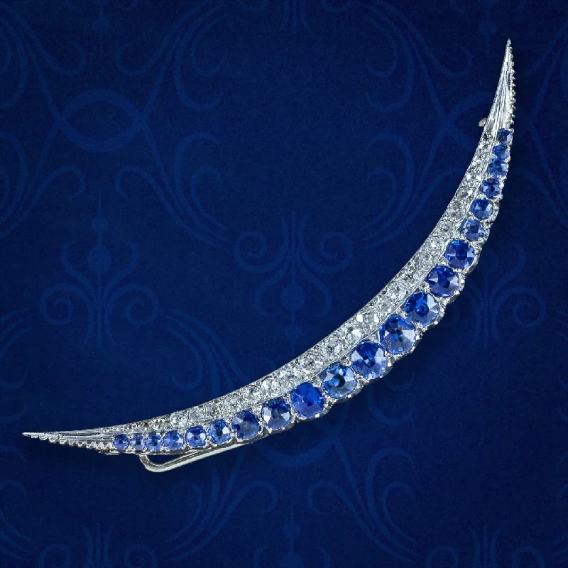 black brooches for women-Antique Edwardian Sapphire Diamond Crescent Brooch 18ct Gold