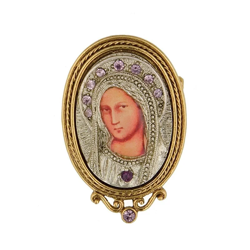 animal-shaped brooches for women-Symbols Of Faith Purple Crystal Enamel Small Iconica Mary Brooch