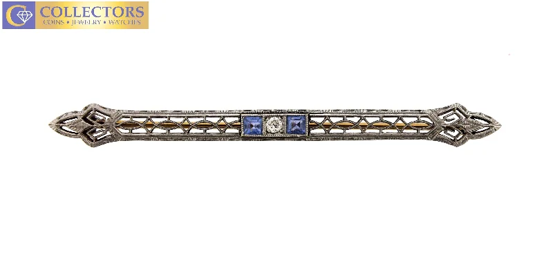 black brooches for women-Ladies Antique Art Deco 14K Yellow Gold Filigree Diamond Blue Sapphire Brooch