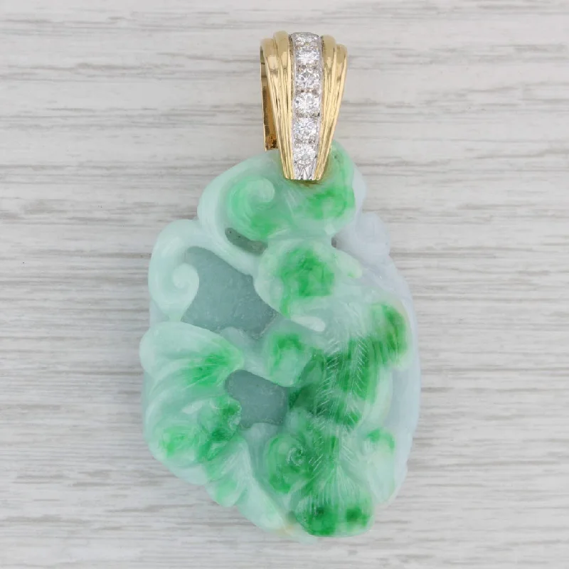 engagement rings with a twist design for women-Green Jadeite Jade Carved Animal Pendant 0.50ctw Diamond 18k Gold Statement