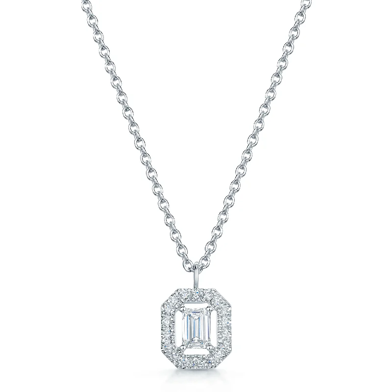 silver necklaces for women-18ct White Gold Emerald Cut Diamond Cluster Pendant