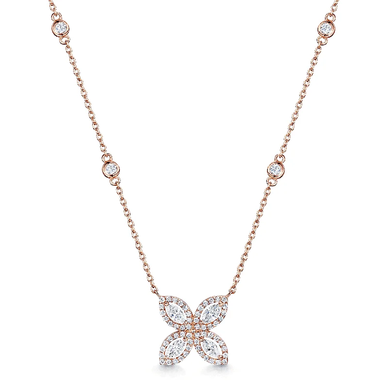 anniversary necklaces for women-18ct Rose Gold Four Petal Marquise And Round Brilliant Cut Diamond Pendant