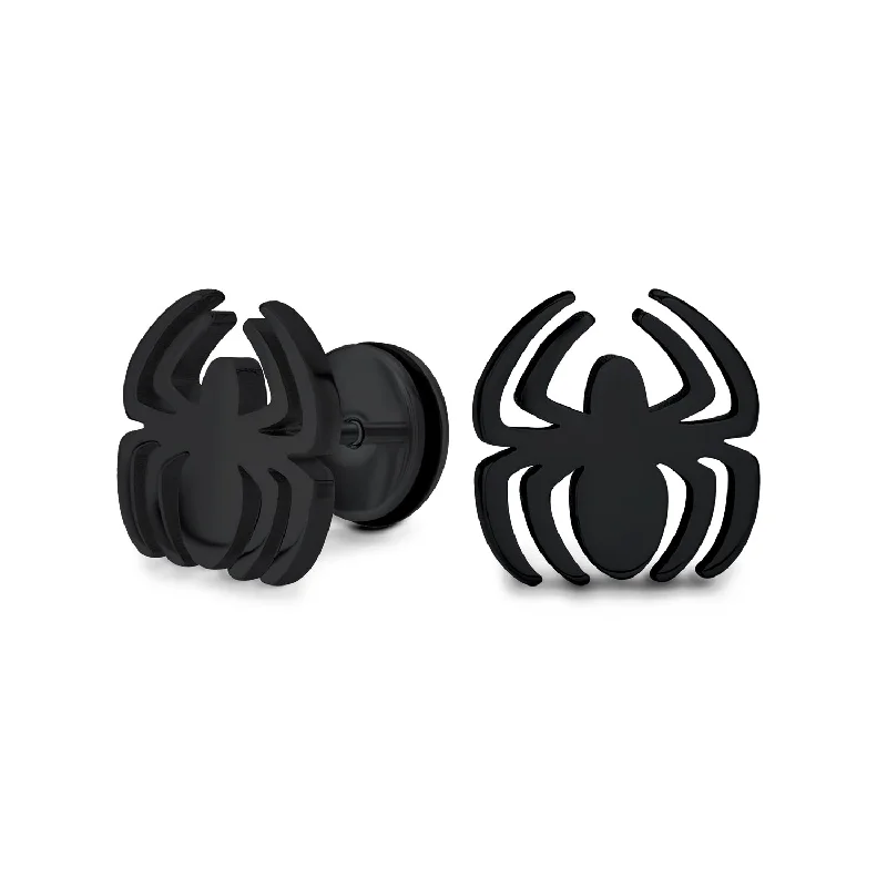 bridal earrings for women-Silver Tone Black Widow Spider Ear Plug Illusion Stud Earrings Surgical Steel 16G