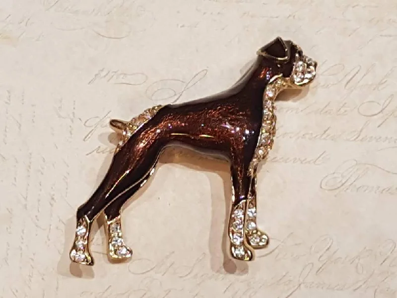 simple brooches for women-Large Boxer Dog Brooch Brown Enamel Crystal By Sardi