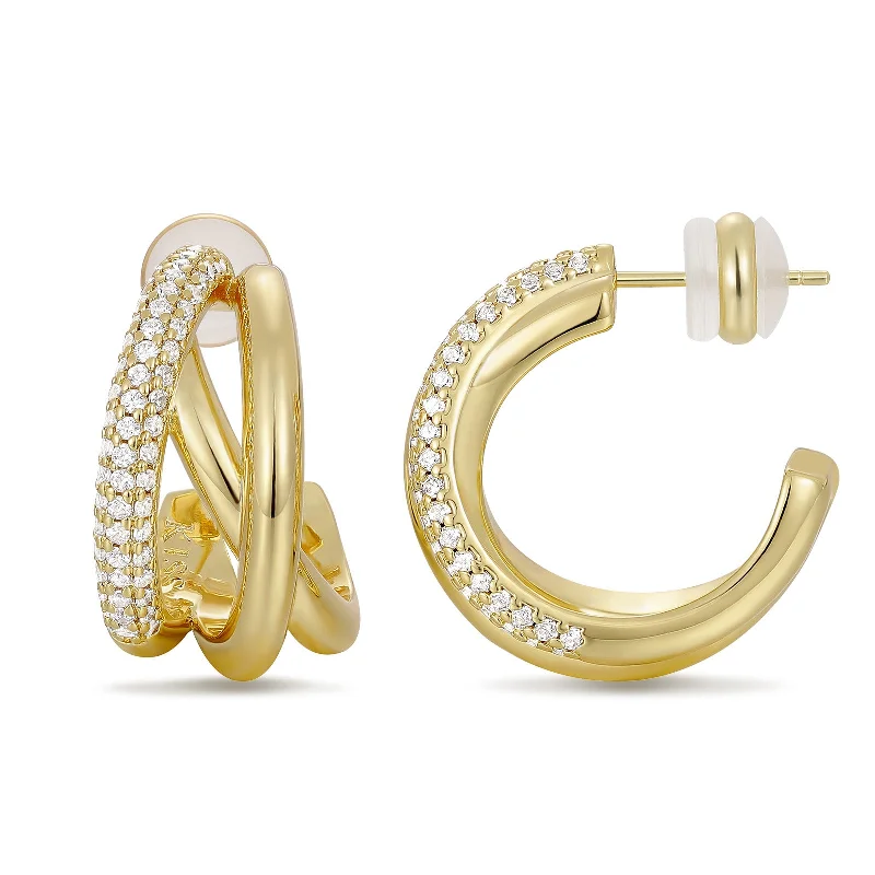 star earrings for women-14K Gold Plated Cubic Zirconia Triple Open Hoops C Shape Wrap Earrings