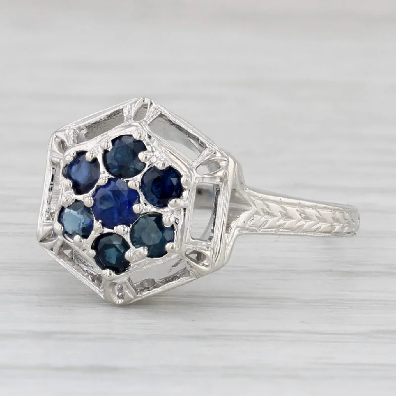 solitaire engagement rings for women-Vintage 0.45ctw Blue Sapphire Cluster 18k White Gold Size 4.25