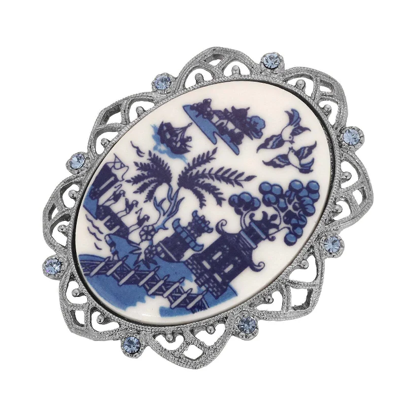 retro brooch pins for women-1928 Jewelry Blue Willow Pagoda Light Sapphire Crystal Oval Brooch Pin