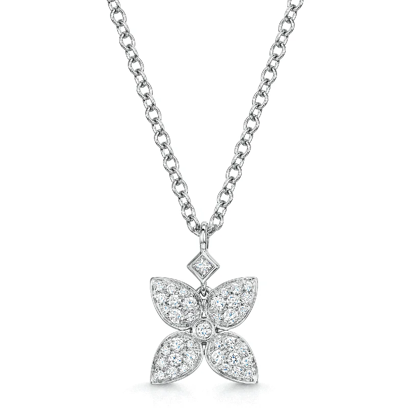 birthday gift necklaces for women-18ct White Gold Flower Pendant With Diamond Pave Set Petals