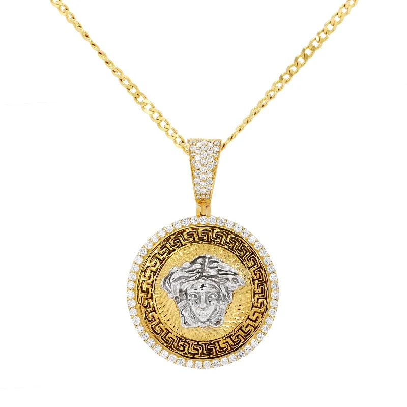 retro necklaces for women-TWO-TONE MEDALLION PENDANT WITH GREEK KEY DETAILING AND DIAMONDS, .80 CT TW