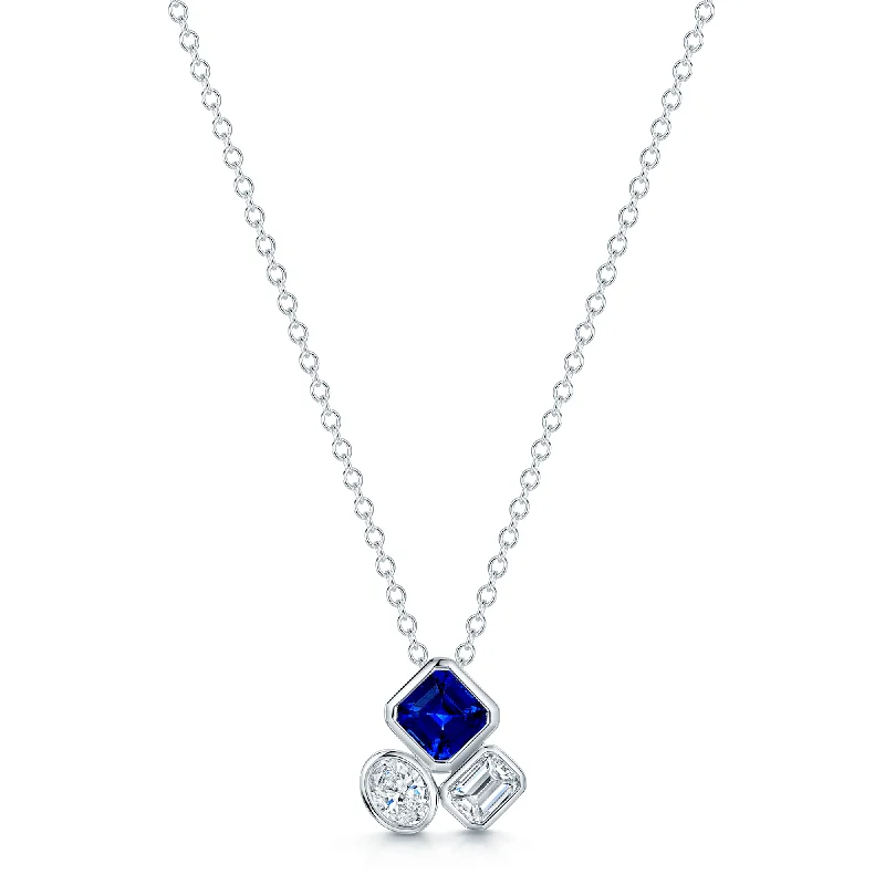 layered crystal necklaces for women-18ct White Gold Mixed Cut Sapphire And Diamond Rub Over Pendant