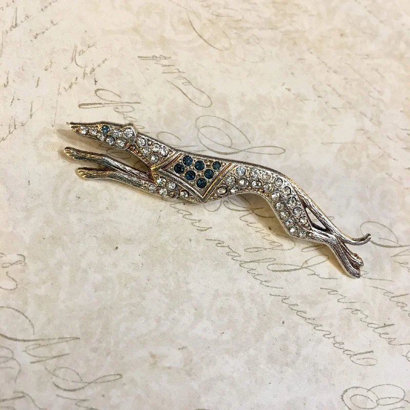 designer brooch pins for women-Greyhound Brooch Blue Crystal Silver