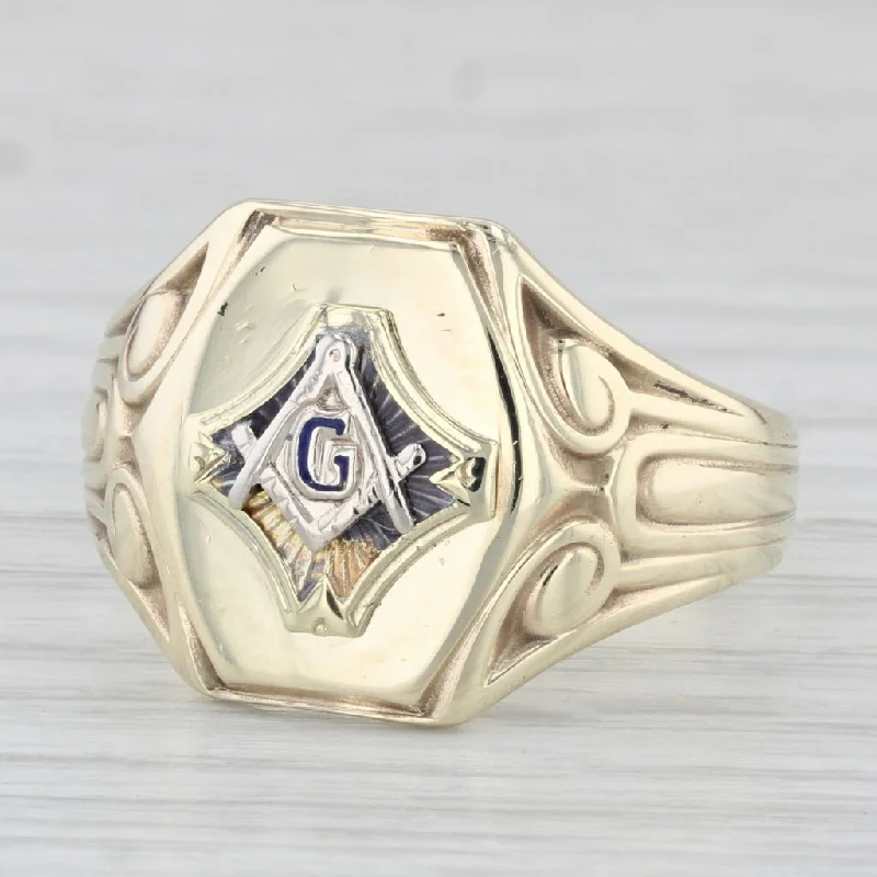 white sapphire engagement rings for women-Vintage Masonic Signet Ring 10k Yellow Gold Blue Lodge Square Compass Size 9.75