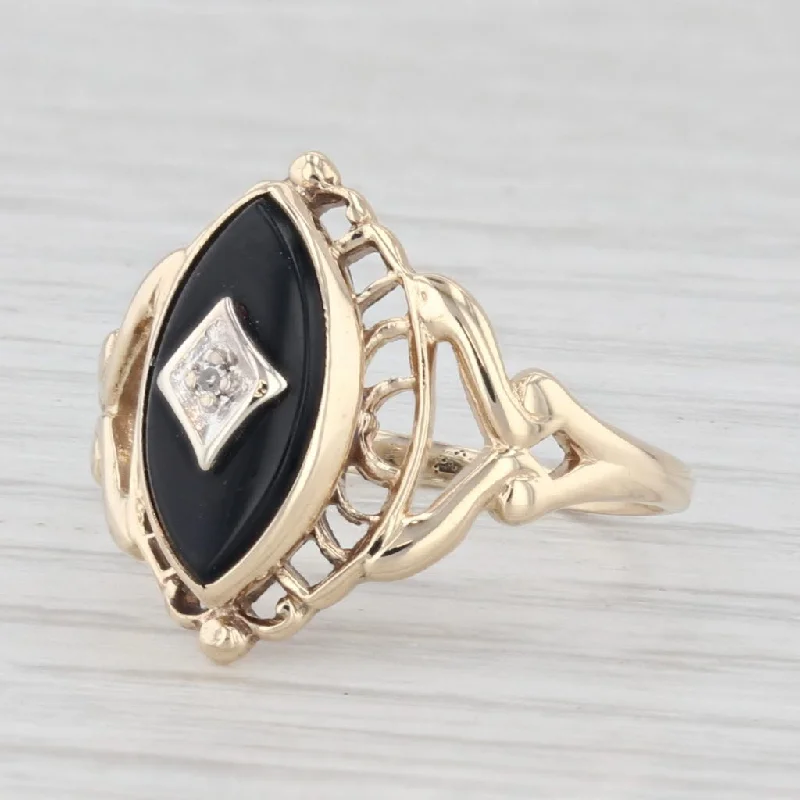 gold engagement rings for women-Ornate Vintage Black Onyx Signet Ring 10k Yellow Gold Size 5.5