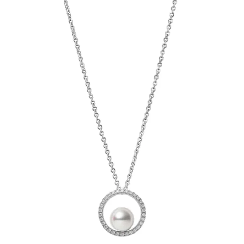 geometric necklaces for women-18ct White Gold Diamond & Pearl Circle Pendant