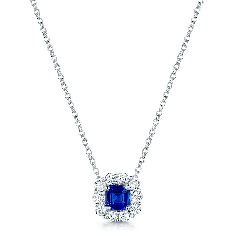 geometric pendant necklaces for women-18ct White Gold Emerald Cut Sapphire And Diamond Cluster Pendant