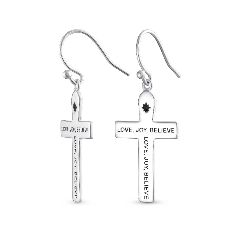 statement piece earrings for women-Inspirational Love Joy Believe Dangle Earrings with Religious Cross Sterling Silver