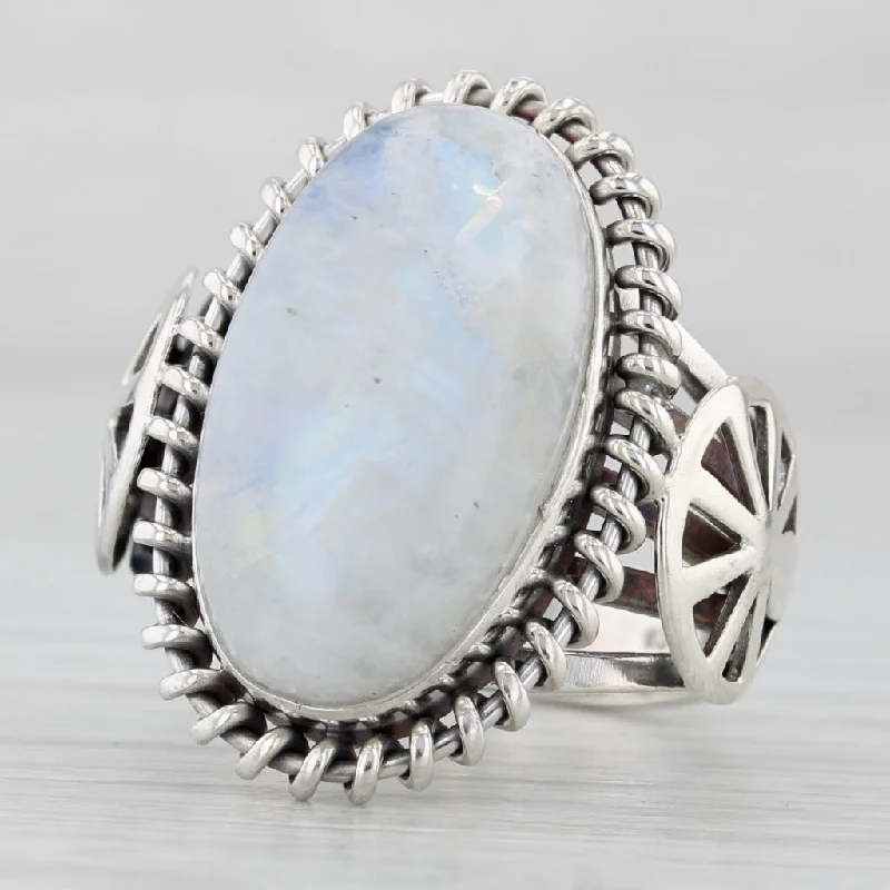 engagement rings with gemstones for women-White Moonstone Oval Cabochon Ring Sterling Silver Size 9 Statement