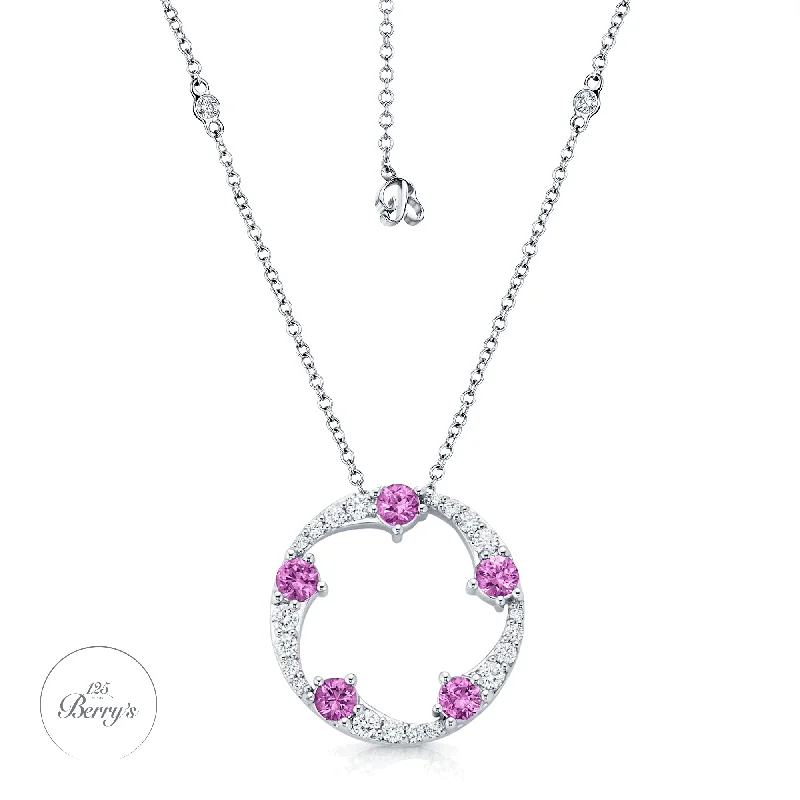 rose gold pendant necklaces for women-OPEIA Collection 18ct White Gold Pink Sapphire And Diamond Fancy Large Circle Pendant With Chain